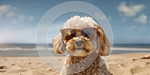 Fun in the Sun Funny Bichon Frise Dog with a Smiling Face and Stylish Sunglasses Enjoying the Beach. Generative AI