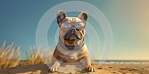 Fun in the Sun Smiling French Bulldog Wearing Sunglasses Enjoys the Beach. Generative AI