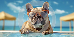 Fun in the Sun Smiling French Bulldog Wearing Sunglasses Enjoys the Beach Pool. Generative AI