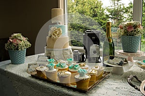 Fun table setting with cake and cupcakes