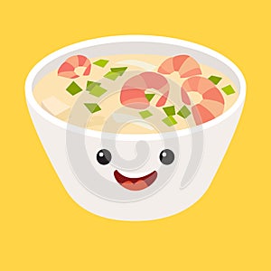 Fun Tom kha kai vector cartoon character. Cute Tom Yum Kung Thai spicy soup's faces with shrimp, japanese food