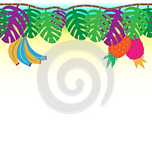 Fun and tribal tropical vine with hanging plams, bananas and pineapples, seamless