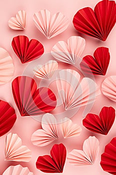 Fun Valentines day festive background in asian style - pink and red paper hearts of folded fans soar on gentle pastel pink color.