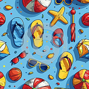 Fun and vibrant beach items on light blue.