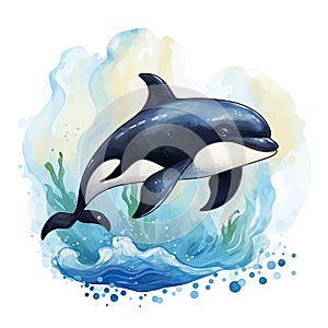 Fun watercolor paintings of smiling dolphins and orcas