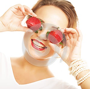 Fun woman with strawberry on the white background