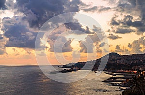 Funchal city, aerial view with cruise ship harbour during sunset, Madeira Island