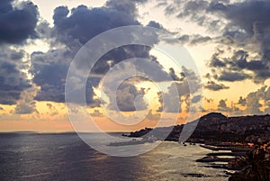 Funchal city, aerial view during sunset, Madeira Island