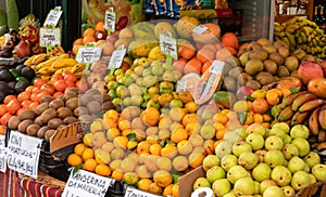 Funchal - Exotic tropical fruit stall at Mercado dos Lavradores, Funchal, Madeira island, Portugal, Europe