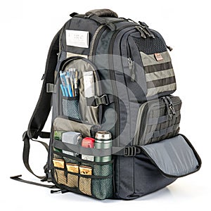 Backpack with numerous pockets isolated on white background