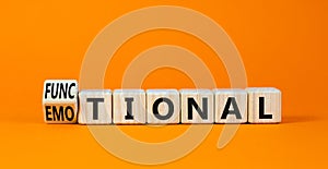 Functional or emotional symbol. Turned wooden cubes and changed the word emotional to functional. Beautiful orange table orange