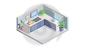 Functional Isometric Kitchen Interior with U-Shaped Layout, vector design Generative AI