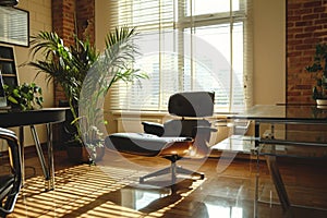 A functional office space featuring a desk, chair, and a plant, providing a comfortable and productive workspace, Cozy and