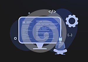 Functional programming, Object-oriented languages concept. Machine code on the desktop display screen. Vector