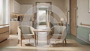 Functional shared resident suite showcasing safety flooring and easygrip handles focus on central seating area with