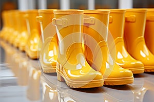 Functional style, Array of yellow rain boots highlighted on a white isolated background
