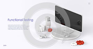 Functional testing isometric landing page. Methodology of programming, search errors and bugs in software, website