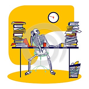 Functioning Capacity, Hard Working Concept. Skeleton Businessperson Character Sitting at Office Desk with Piles of Paper