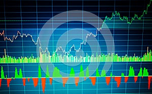 Fundamental and technical analysis concept. Market trading screen. Stock market chart, graph on blue background