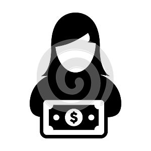 Funding icon vector female user person profile avatar with dollar sign currency money symbol for banking and finance business