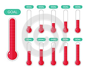 Fundraiser and charity goal thermometer. Growth fund donation success icon set. Vector photo