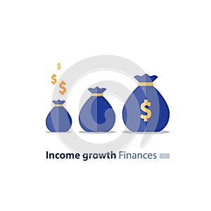 Fundraising concept, future investment, time is money, pension fund, superannuation finance, money bags, vector icon photo