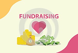 Fundraising concept with heart and money as donation