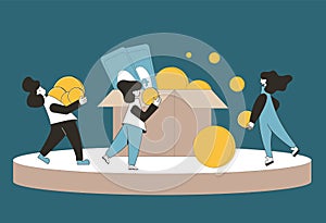 Fundraising concept. Young people raising money together. Teenagers with huge coins, greenbacks and box. Line art vector