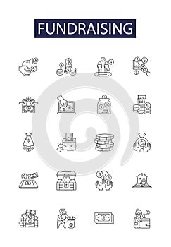 Fundraising line vector icons and signs. Procuring, Collecting, Obtaining, Rallying, Resource, Interest, Philanthropy