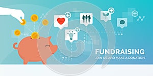 Fundraising promotional advertisement with piggy bank