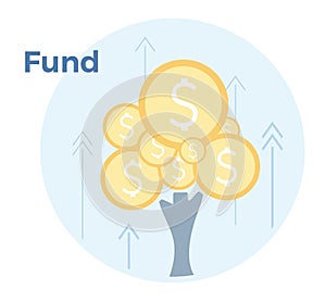 Fundraising vector flat illustration. Money tree, income growth chart, mutual fund, financial report graph. EPS 10