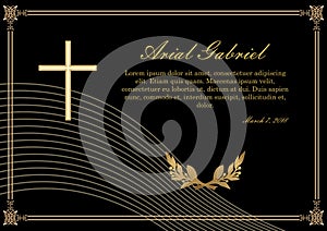 Funeral announcement in luxurious design. Filigree golden embossed patterned borders. Luxurious obituary with golden