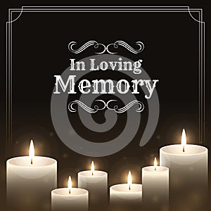 Funeral banner - In loving memory text on candles light and black background vector design