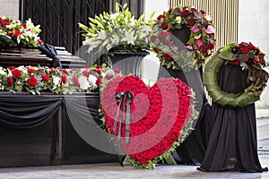 Funeral, beautifully decorated with flower arrangements coffin