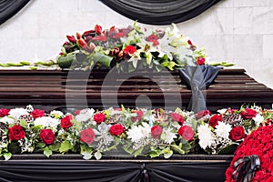 Funeral, beautifully decorated with flower arrangements coffin