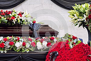 Funeral, beautifully decorated with flower arrangements coffin