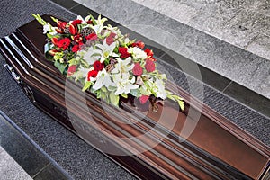 Funeral, beautifully decorated with flower arrangements coffin