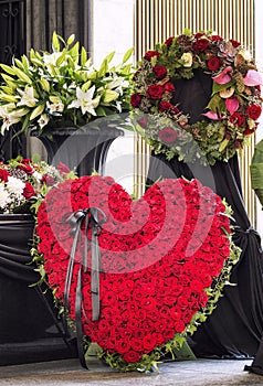 Funeral, beautifully decorated with flower arrangements coffin