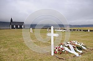 Funeral in Black wooden church in Iceland