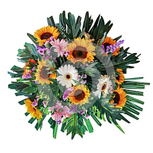 Funeral bouquet garland flower arrangement mixes sunflowers and gerberas with statice flowers and tropical foliage fern,