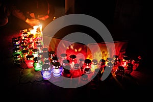 Funeral candle lamps at night