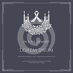 Funeral card banner - white ribbon sign and candle light on bouquet of white rose and text vector design