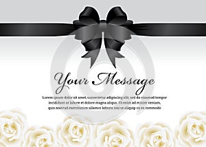 Funeral card - Black ribbon bow and white rose flower vector design