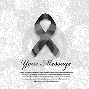 Funeral card - Black ribbon and place for text on soft flower abstract background