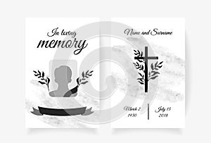 Funeral card template design with branches place under photo cross name and dates of death. Vector illustration in black