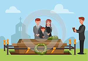 Funeral ceremonial in christian religion. people sad family member passed away concept scene illustration in cartoon vector