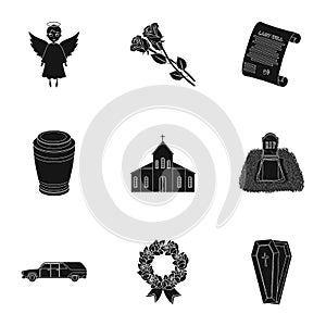 Funeral ceremony, cemetery, coffins, priest.Funeral ceremony icon in set collection on black style vector symbol stock