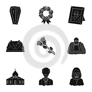 Funeral ceremony, cemetery, coffins, priest.Funeral ceremony icon in set collection on black style vector symbol stock