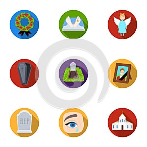 Funeral ceremony, cemetery, coffins, priest.Funeral ceremony icon in set collection on flat style vector symbol stock