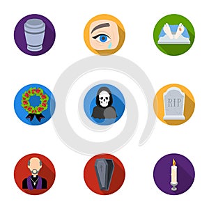 Funeral ceremony, cemetery, coffins, priest.Funeral ceremony icon in set collection on flat style vector symbol stock